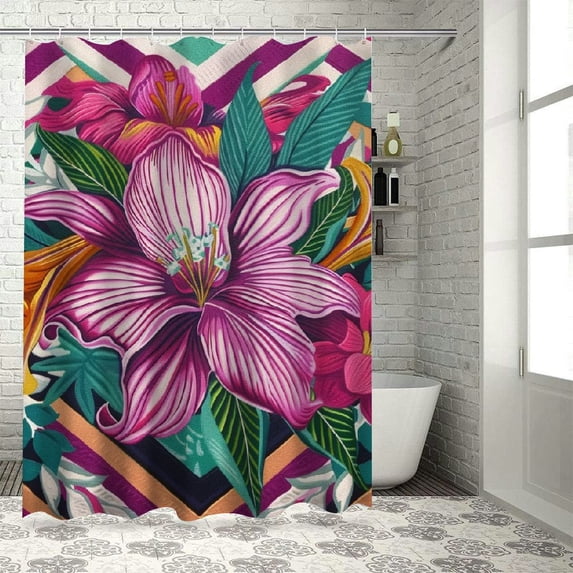Orinis Florchevron, Anna Bel Kidston Bathroom Decoration Set with Hooks, Luxury Graphic Printed Fabric Stylish Shower Curtain Set, Waterproof Bathroom Shower Curtain for Home Décor