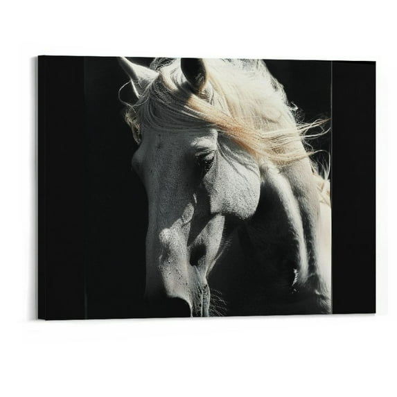 Orinis Horse Canvas Wall Art Living Room Wall Decoration Black & White White Horse Portrait Artwork Bathroom Frame Minimalist Painting Bedroom Office Home Decor 20x16 inches