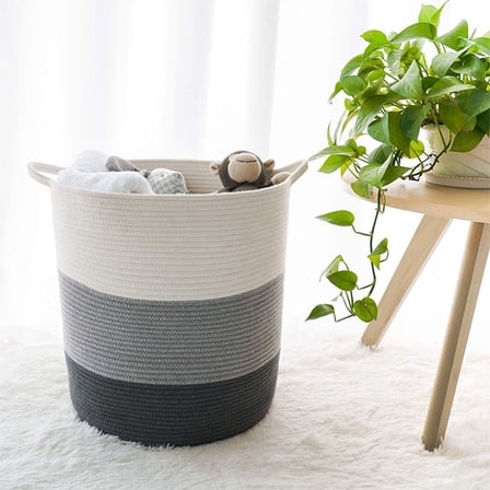 Orino 18"x16" Extra Large Storage Baskets with Handle-Cotton Rope Laundry Basket-Toy Storage Organizer-Soft Baby Kid Nursery Hamper Organizer-Tall Woven Basket Toy Storage Bin(Black+Grey+Beige)