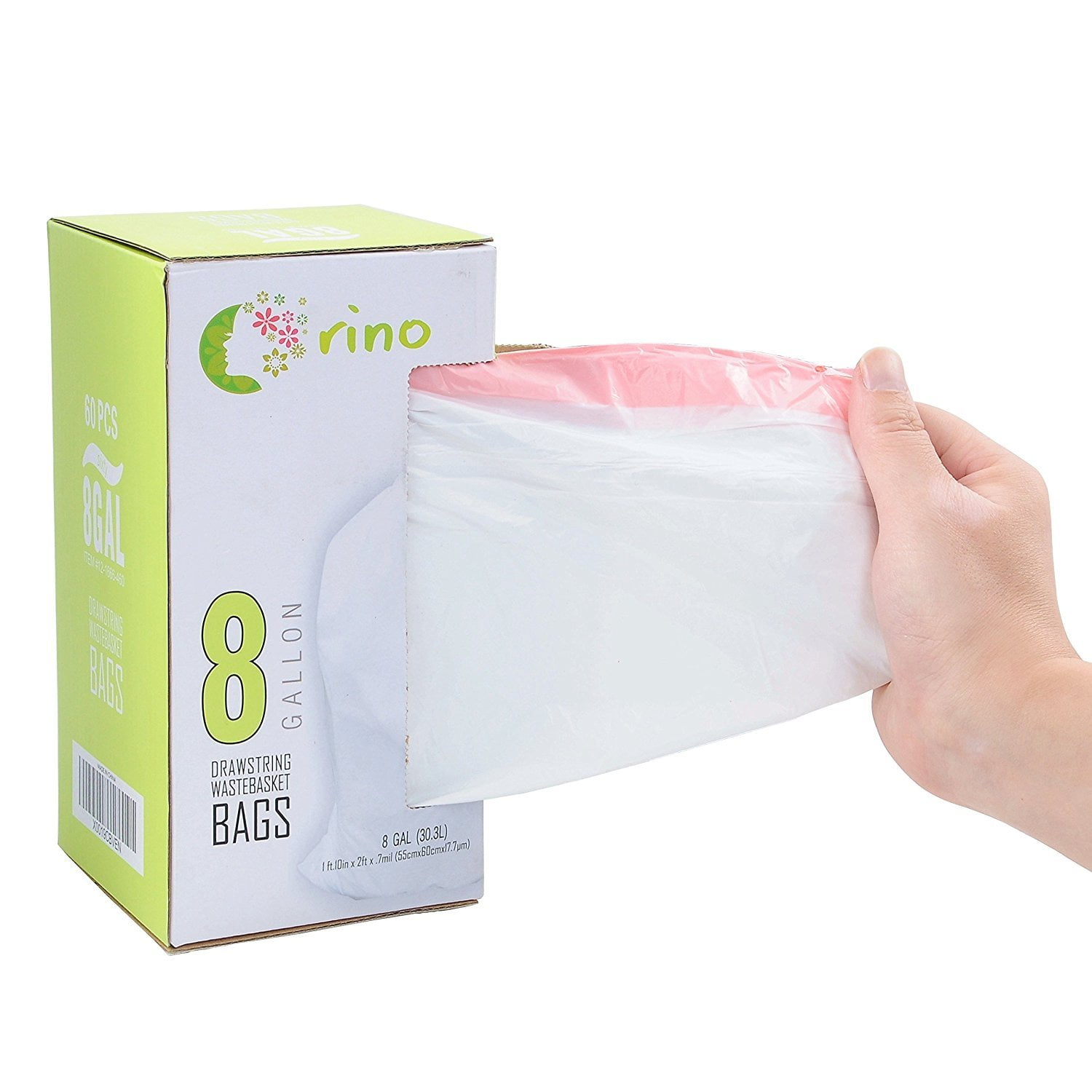 Orino Ultra Strong Garbage TSF6Bags 8 Gallon Trash Can Liners for Kitchen and Office Unscented White Drawstring Trash Bags, 60 Count 0.74 mil 22" x 24"