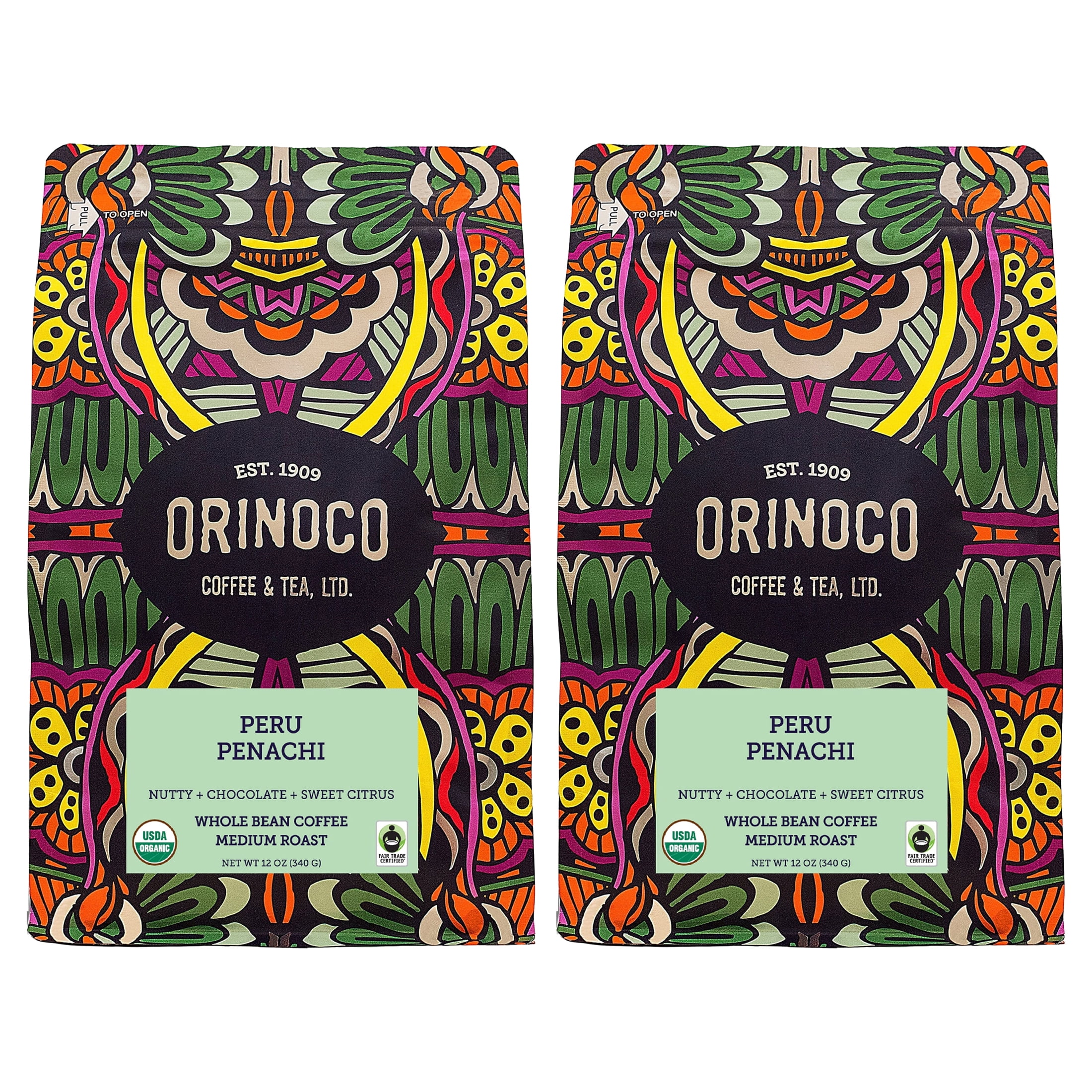 (2 pack) Orinoco, Peru Penachi, Organic Fair Trade, Whole Bean Coffee