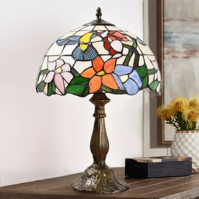 Tiffany style Hummingbird Desk Lamp LED Table Bedside Lamp Bedroom Stained Glass 18.1 Height Bronze Multi Color