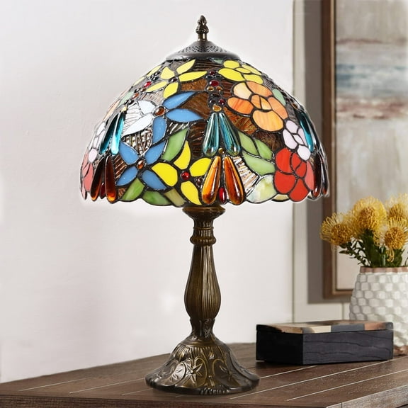 Orinova Tiffany Style Table Lamp Rose Bedside Desk LED Lamp Shades Bedroom Stained-Glass 18.1'' H Multi-Color