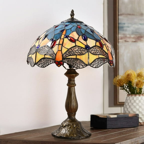 Orinova Tiffany Style Table Lamp Rose Bedside Desk LED Lamp Shades Bedroom Stained-Glass 18.1'' H Multi-Color