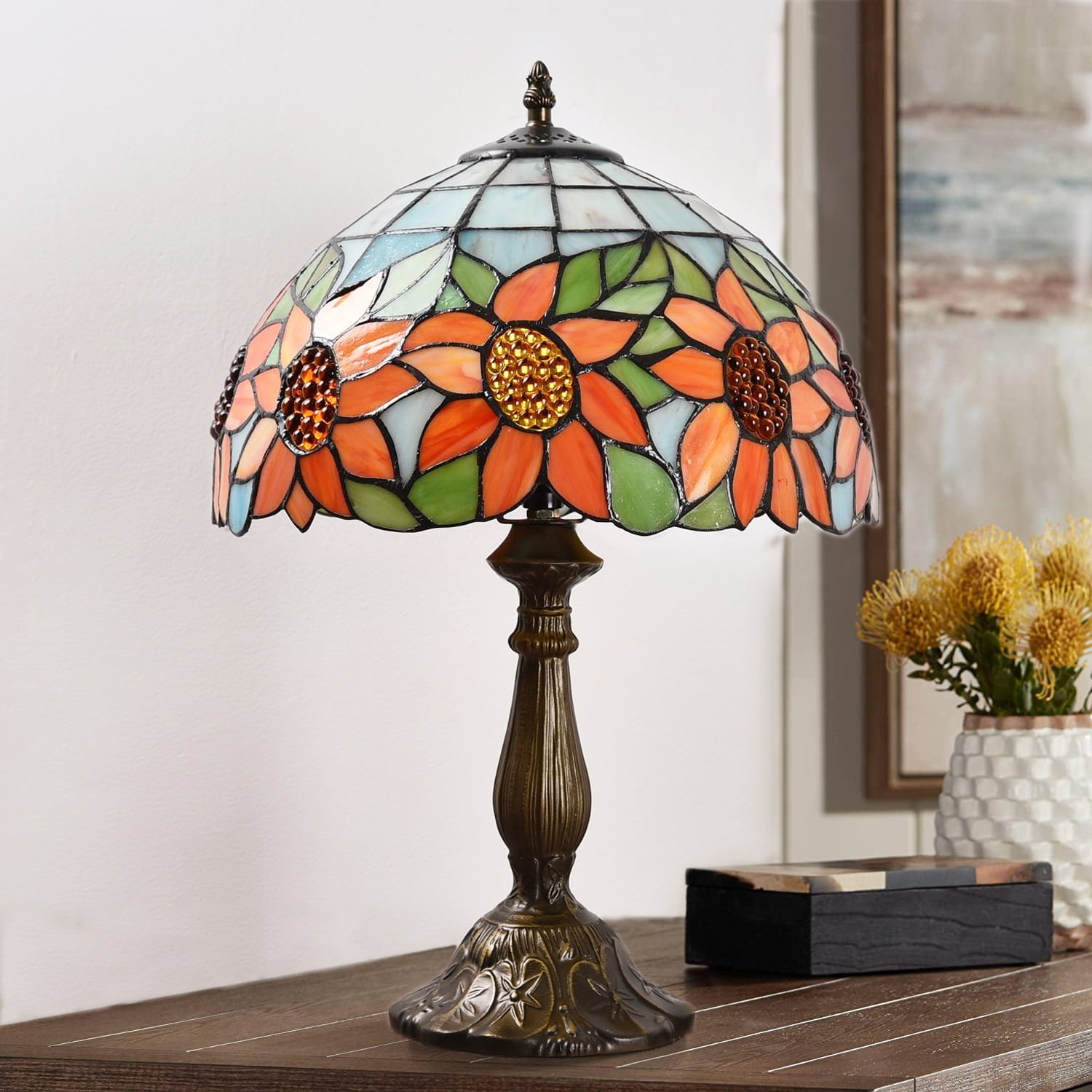Orinova Tiffany Style Table Lamp Rose Bedside Desk LED Lamp Shades Bedroom Stained-Glass 18.1'' H Multi-Color