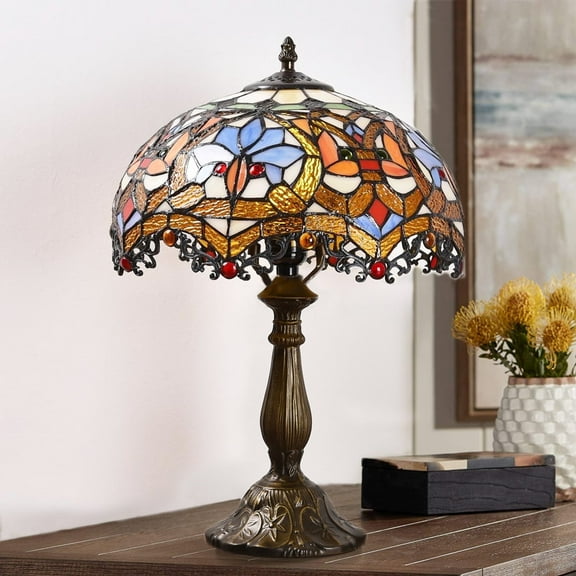 Orinova Tiffany Style Table Lamp Rose Bedside Desk LED Lamp Shades Bedroom Stained-Glass 18.1'' Height Multi-color
