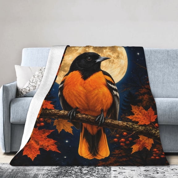 Oriole Bird Blanket Bird Moon Maple Leaf Soft Cozy Throw Blanket Gift for Women Adults 50x40