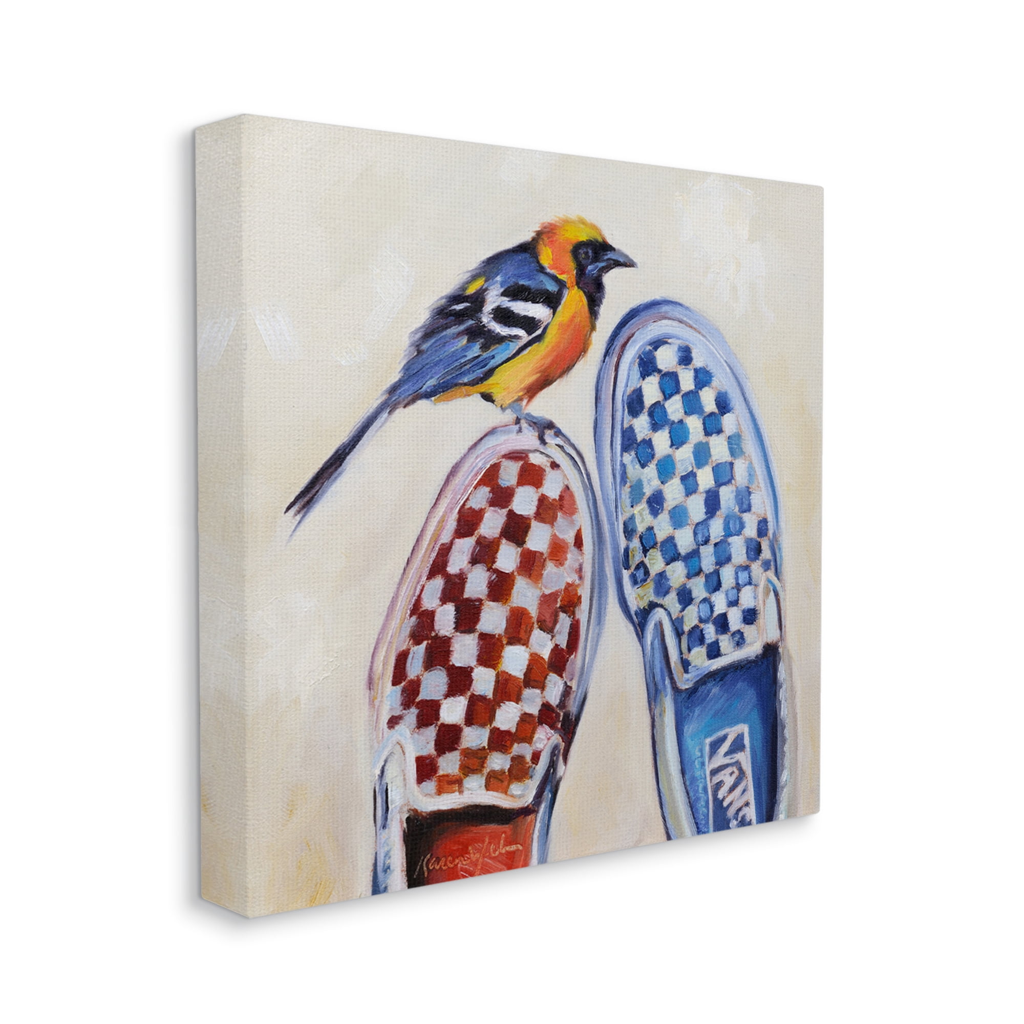 Oriole Bird on Vintage Checkered Sneakers Painting Animals & Insects Gallery-Wrapped Canvas Print Wall Art, 17x17