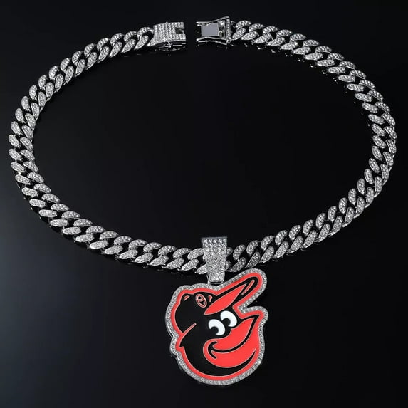 Orioles GEM Chain Necklace – Silver Bling Pendant with 24-Inch Hip Hop Chain –Baltimore Baseball Fan Jewelry