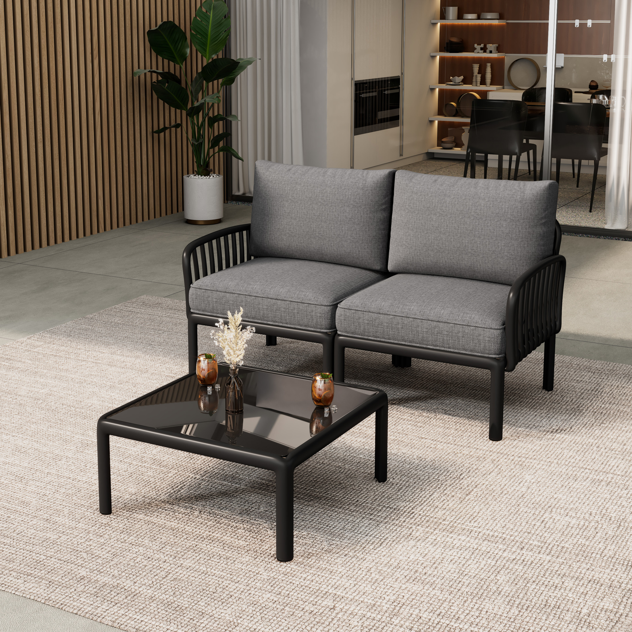 Orion Modern Outdoor Patio Chat Set, 59" Loveseat and Square Coffee Table, Waterproof Cushion, Black+Dark Gray