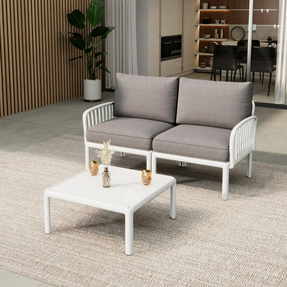 Orion Modern Outdoor Patio Chat Set, 59" Loveseat and Square Coffee Table, Waterproof Cushion, White+Light Gray