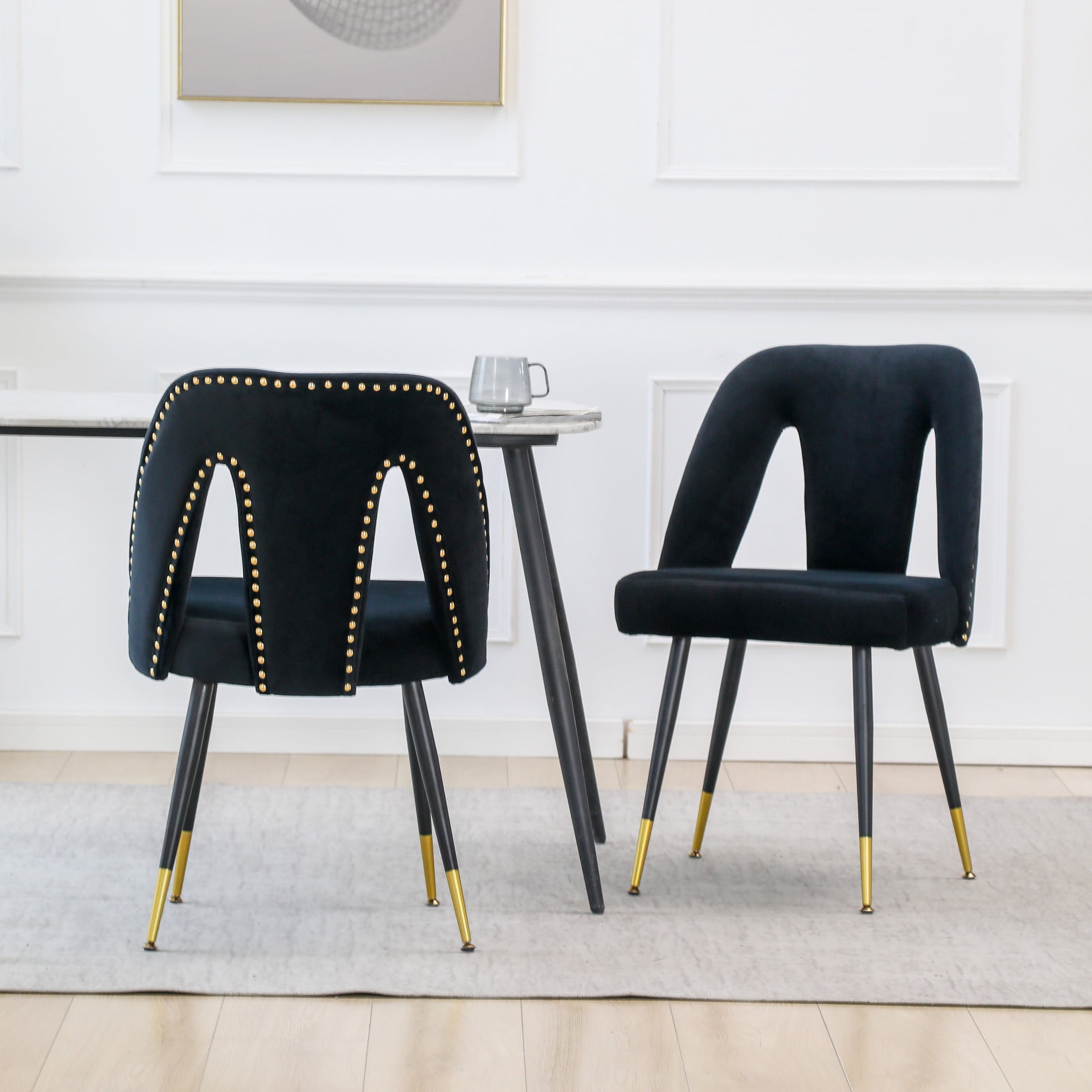 Orion Modern Upholstered Velvet Dining Chairs with Nailhead Trim, Metal Legs, Black, Set of 2