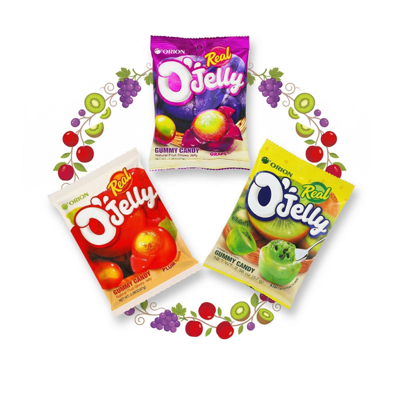 Orion O’Jelly Korean Fruit Jelly Candy – Soft Chewy Gummy Snack – Assorted Fruity Flavors (Kiwi, Plum, Grape) – Portable Sweet Treat for Kids & Adults – 2.36 oz (67 g)