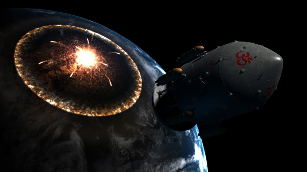 Orion-drive spacecraft leaving Earth impacted by a comet Canvas Art - Rhys TaylorStocktrek Images (19 x 11)