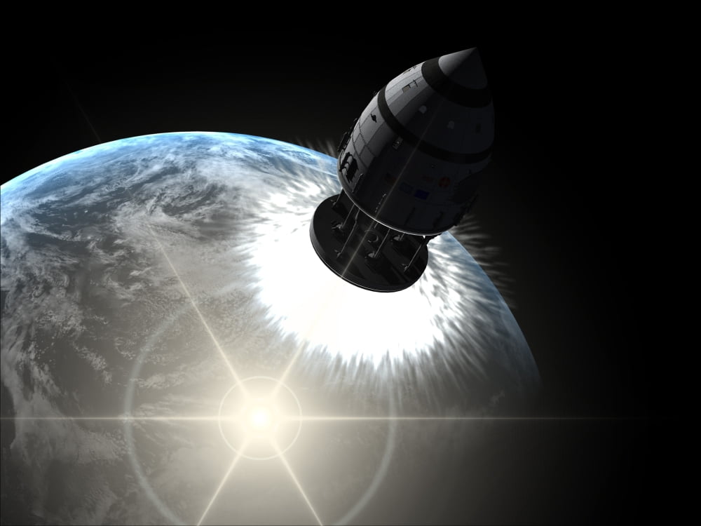 Orion-drive spacecraft leaving Earth orbit Canvas Art - Rhys TaylorStocktrek Images (17 x 13)