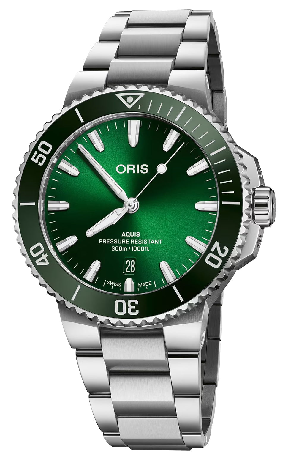 Oris Aquis Date Green Dial Silver Steel Strap Watch for Men - 0173377304157-0782405PEB