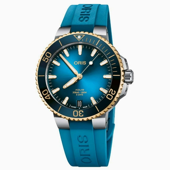 Oris Aquis Date Blue Dial 18K Gold Bezel Rubber Strap Men's Watch 01 400 7769 6355-07 4 22 75FC