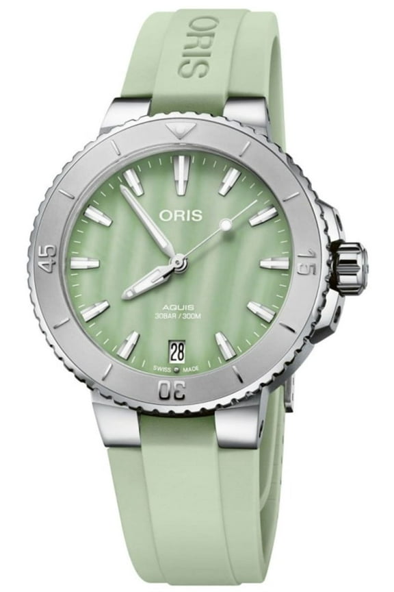Aquis Date Green Mother of Pearl Dial Rubber Strap Women's Watch 01 733 7770 4157-07 4 18 67FC