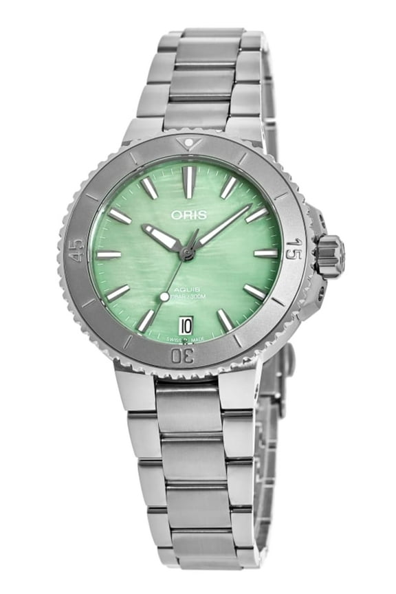 Aquis Date Green Mother of Pearl Dial Steel Women's Watch 01 733 7770 4157-07 8 18 05P