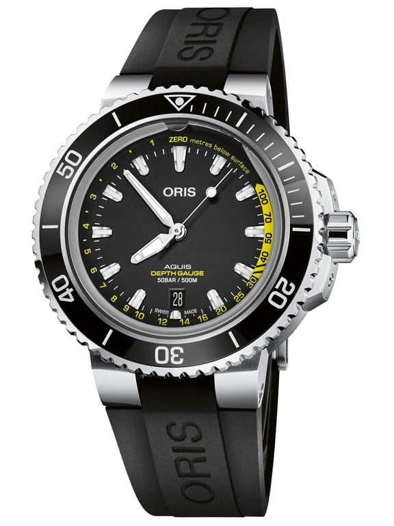 Aquis Depth Gauge Automatic Stainless Steel Black Dial Black Rubber Strap Date Divers Mens Watch 733 7755 4154-Set RS