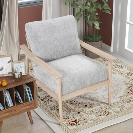Oris Mid Century Modern Chair with Solid Wood Frame, Arm Chair with Vertical Slatted Back, Thick Pad Upholstered Accent Chair for Living Room, Bedroom, Balcony, Natural Color
