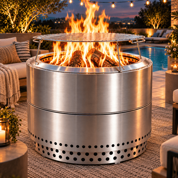 Orithm 19.5 Inch Smokeless Fire Pit, Stainless Steel Double-Wall 360° Airflow Low-Smoke Burn with Cooking Grate, Fire Poker & Waterproof Cover for Patio, Backyard, Garden & Camping