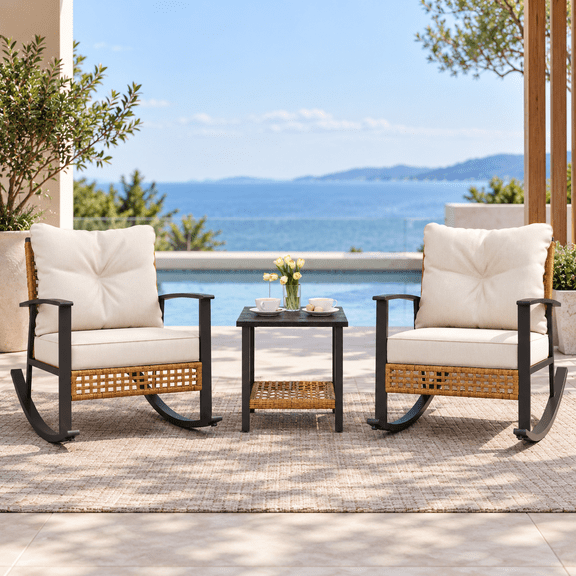 Orithm 3 Pieces Rocking Bistro Patio Furniture Set, Wicker Rattan Rocker Chairs with 2-Tier Coffee Table, Beige