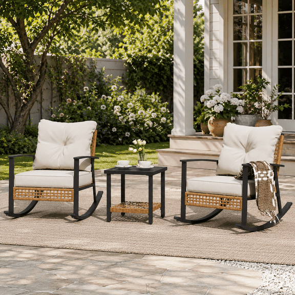 Orithm 3-Piece Rocking Bistro Set, Outdoor Patio Furniture with Thick Cushions and 2-Tier Coffee Table, Oversize Rattan Conversation Set for Garden, Balcony, Backyard (Beige)