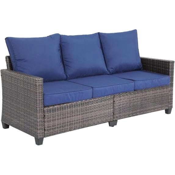 Orithm 3-Seat Navy Blue Patio Wicker Couch, High Back Outdoor Rattan Sofa with 4.3" Thick Cushion, Steel Frame Weather Resistant Patio Furniture for Backyard Garden