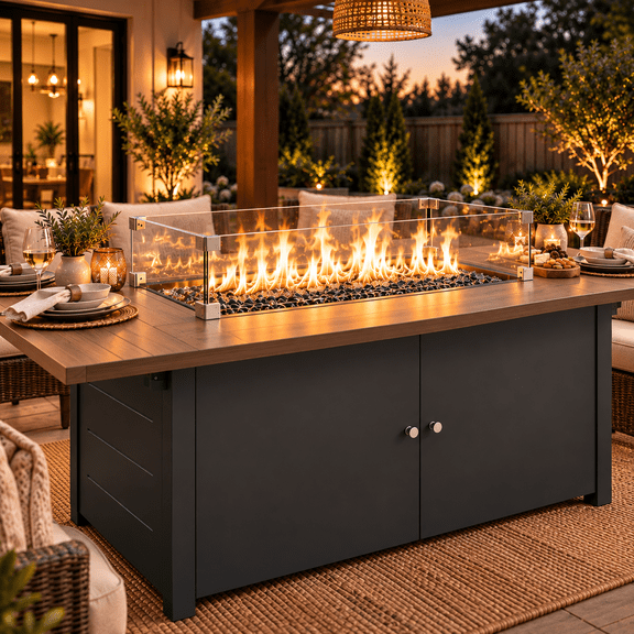 Orithm 43 Inch Teak Finish Propane Fire Pit Table, 55000 BTU 2-in-1 Outdoor Gas Fire Table with Metal Lid, Glass Wind Guard, CSA Certified for Patio Backyard
