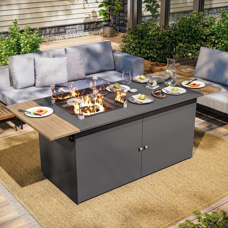 Orithm 64" Fire Pit Table Propane Foldable 55,000 BTU CSA Certified , Wood Grain Top, Amber Glass Beads, for Outdoor Patio