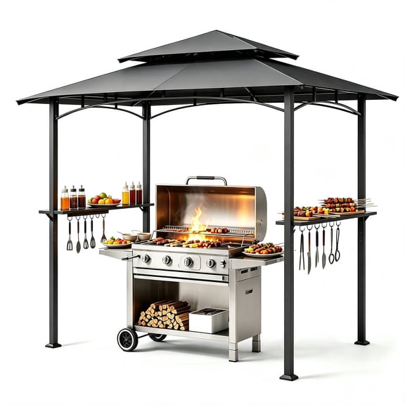 Orithm 8x5 FT Outdoor Grill Gazebo Canopy, BBQ Gazebo with 2-Tier Vented Top, 2 Durable Shelves & Metal Frame Grill Shelter - Perfect for Grilling and Picnics, Dark Gray