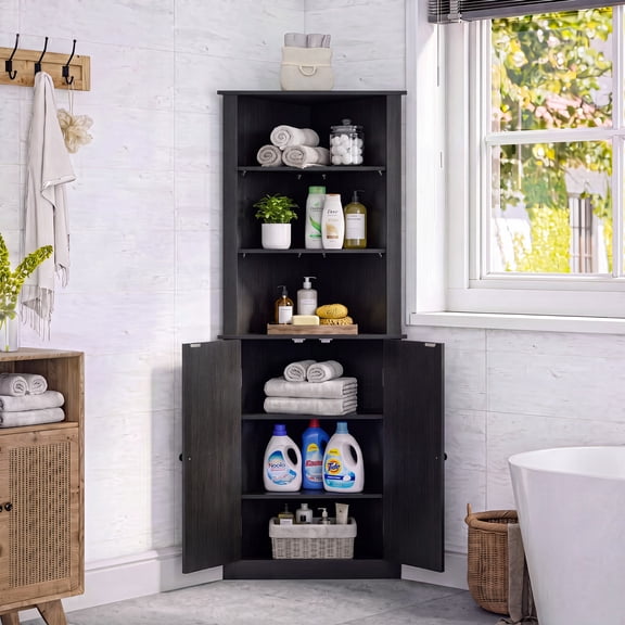 Orithm Tier Corner Storage Cabinet, Black Triangle Corner Cabinet with Enclosed Shelves