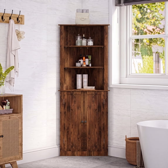 Corner Tech Pattern Orithm Tier Corner Storage Cabinet, Brown Triangle Corner Cabinet with ...
