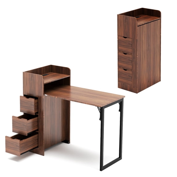 Orithm Wall Mounted Foldable Desk, Space Saving Hidden Desk with Storage & Power Outlet, Fold Out Table for Small Spaces, Home Office Bedroom, Walnut