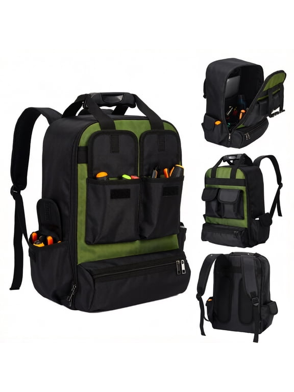 Orizer 18" Heavy-Duty Tool Backpack - Waterproof Tool Bag, Molded Hard Bottom, Multiple Pockets & Laptop Storage - Ergonomic Straps for Electricians, Mechanics&HVAC - Black/Green, 12"L x 9.5"W x 18"H