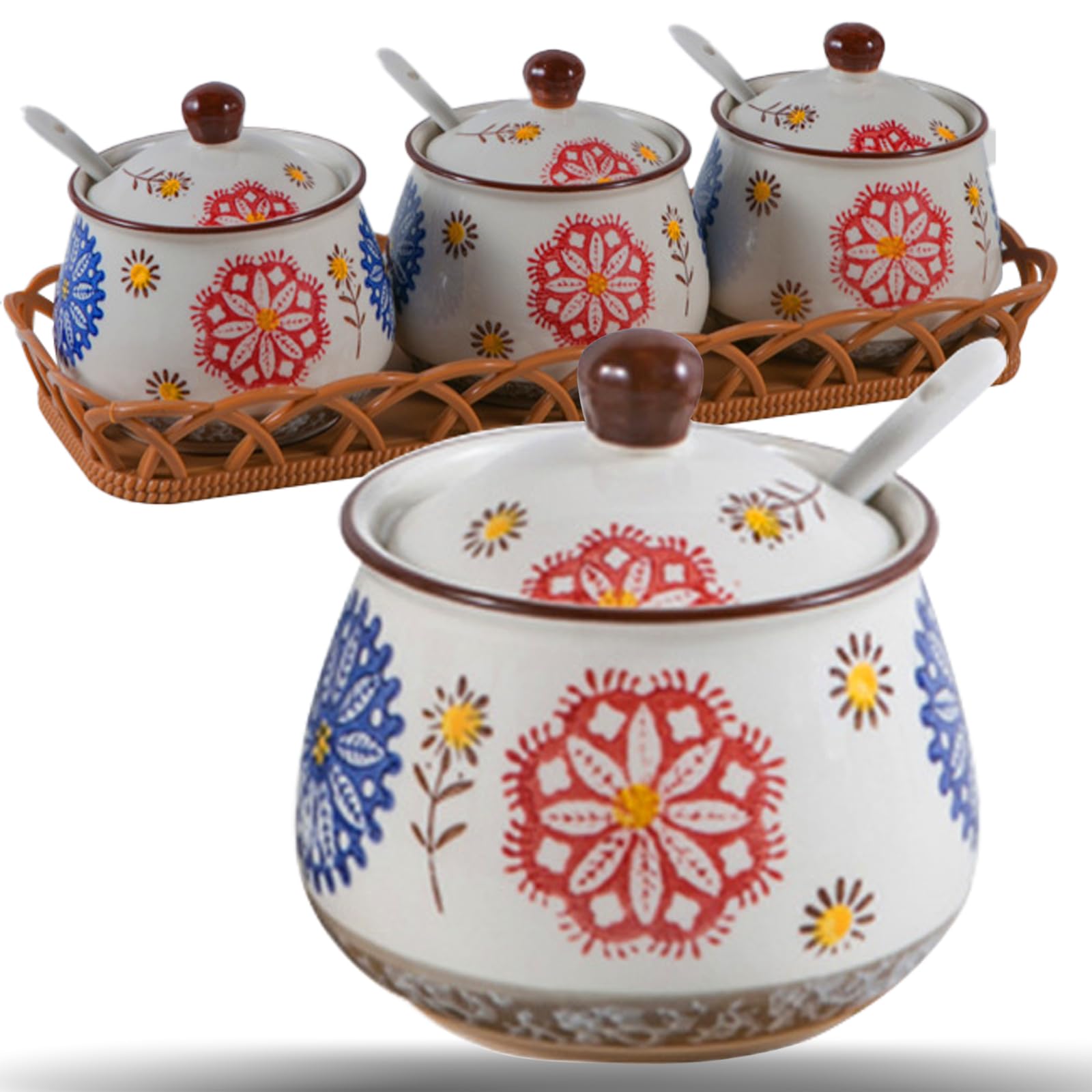 Saleros Para Cocina Elegantes 3-Piece Ceramic Spice Jar Set With Wooden Tray - Salt/Sugar Containers With Lids & Spoons Wayfair Sugar Containers