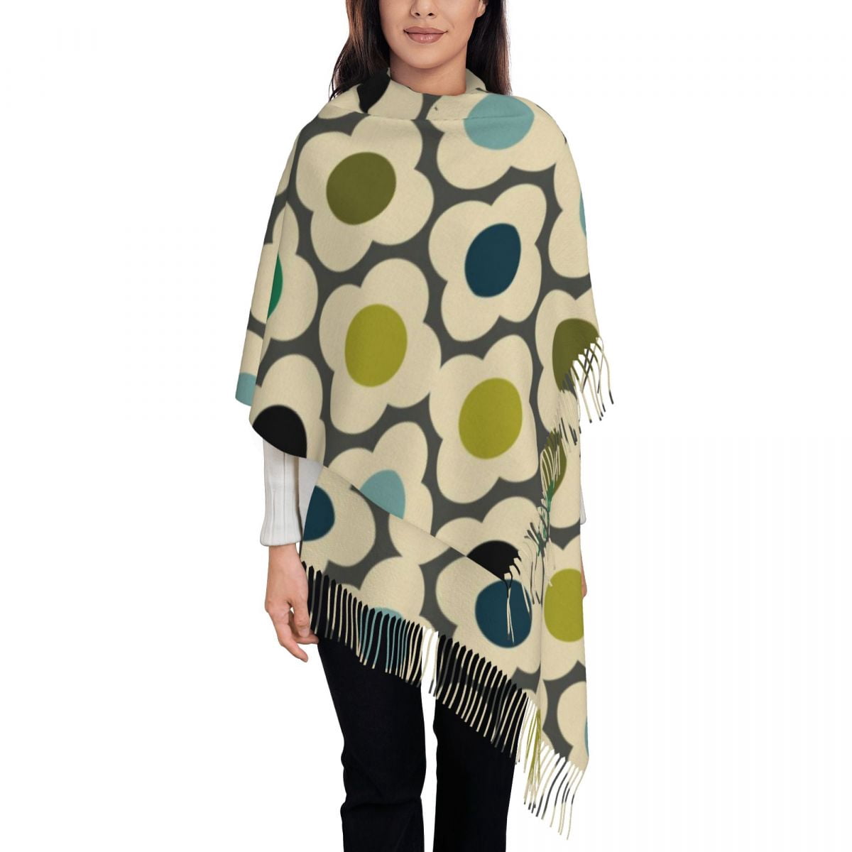 Orla Kiely Tassel Scarf Women Soft Floral Scandinavian Shawls Wraps
