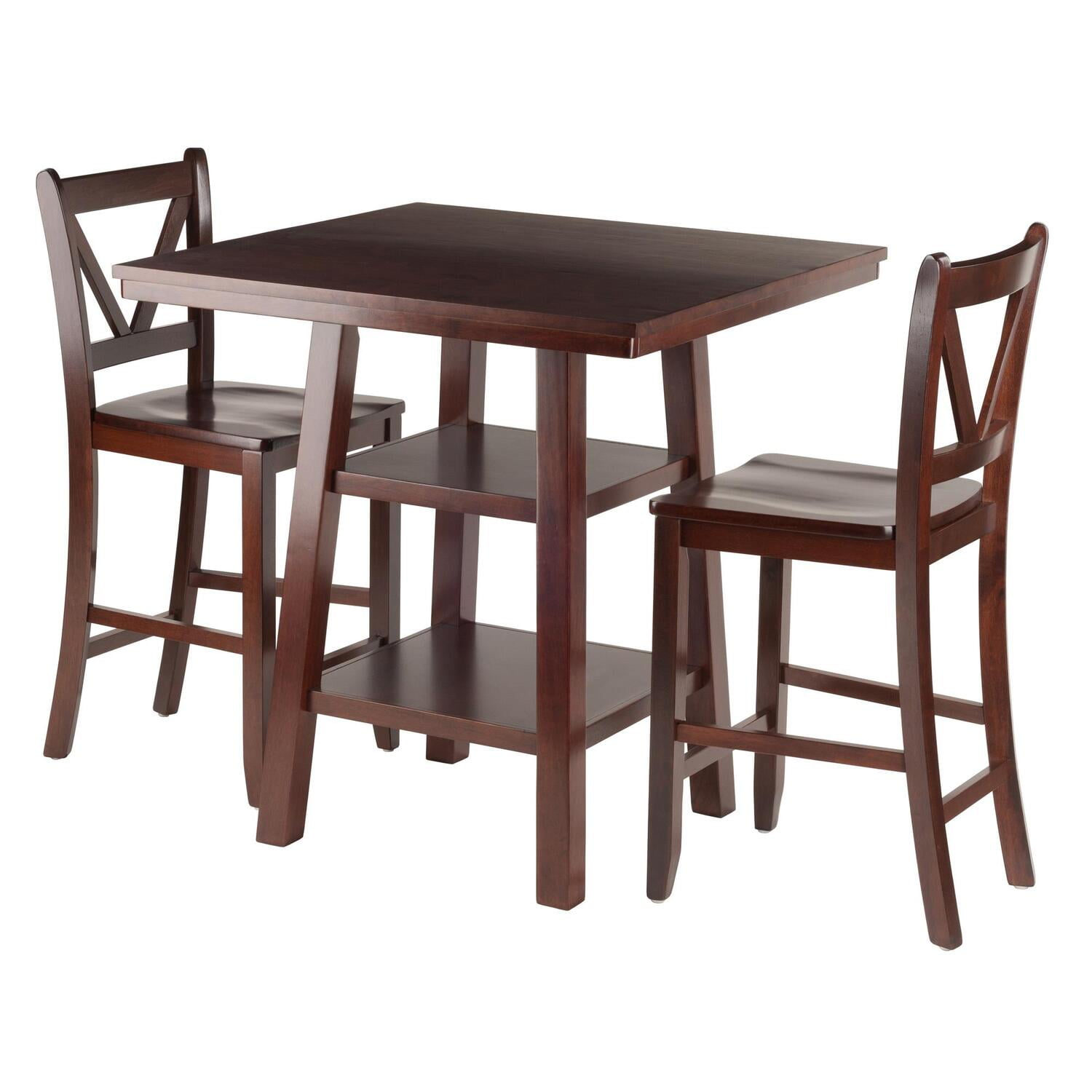 Transitional 33" Square Walnut Pub Table Set with Storage & 2 V-Back Chairs