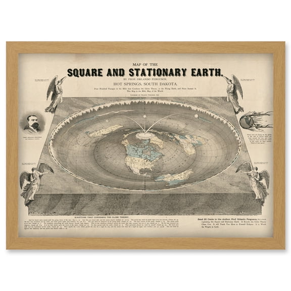 Orlando Ferguson Vintage Map of the Square and Stationary Earth Flat Earth Artwork Framed Wall Art Print A4
