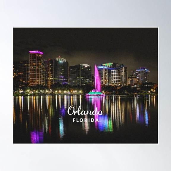 Orlando, Florida - Orlando Skyline & Lake Eola At Night Poster Wall Art, Modern Wall Decor, 8x12 UNFRAMED