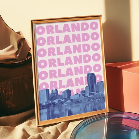 Orlando Florida Print Blue Pink Fl Wall Art Orlando City Skyline Retro Travel Print Girly Florida Decor Artwork Home Decor #651, Unframed Poster Size 8x12