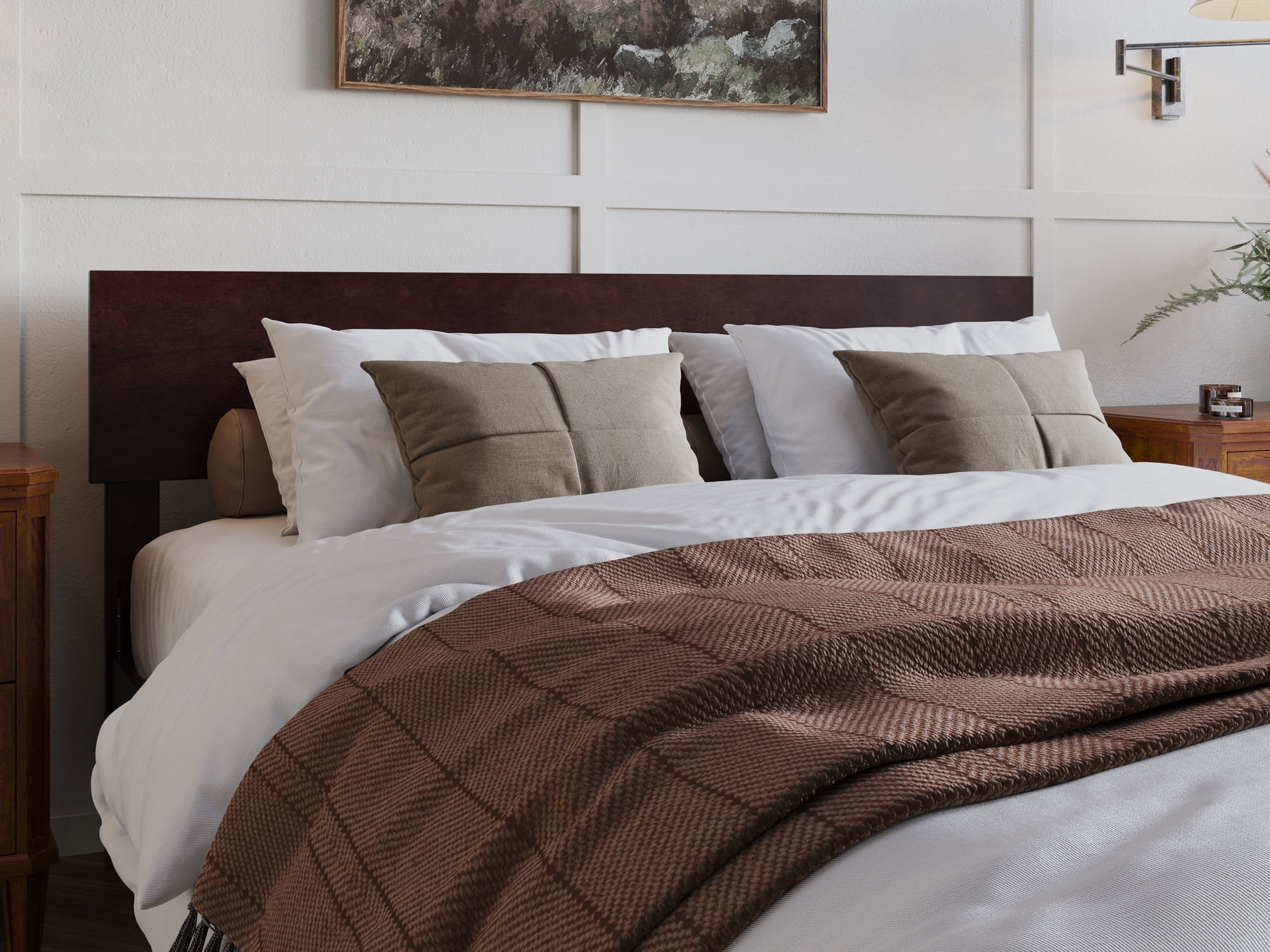 Espresso Queen Modern Wood Headboard with USB Charger