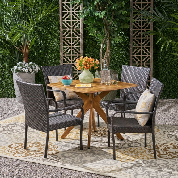 Orlando Outdoor 5 Piece Wood and Wicker Dining Set, Teak, Multi Brown