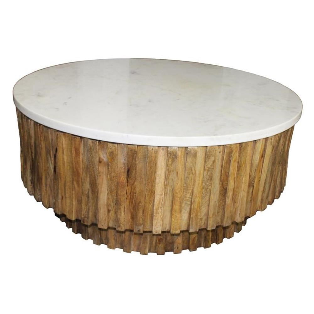 Orlando 42" Round Brown Acacia Wood Cocktail Table with Marble Top