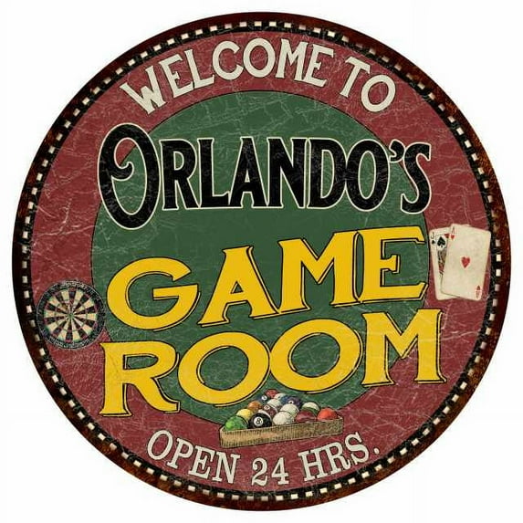 Orlando's Game Room 12" Round Metal Sign Bar Kitchen Red Wall Décor 200120032424