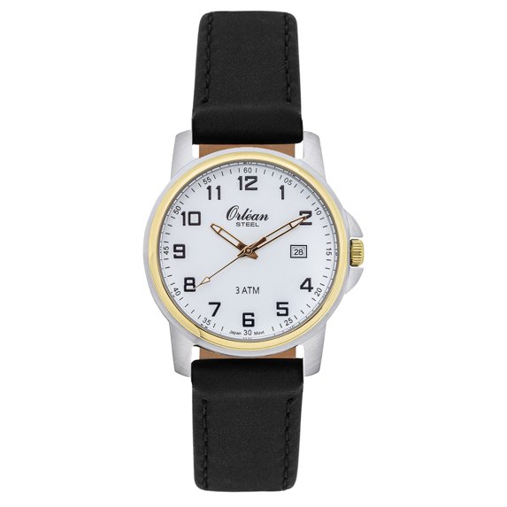 Orlean Mens Easy to Read Watch with Date - 316L Stainless Steel Case, Leather Watch Band - 38mm Analog Men's Leather Wrist Watches - White Dial, Big Easy Read Numbers - Two-Tone / Black Band