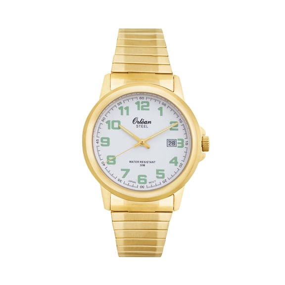 Orlean Mens Stretch Watch, Big Glow in the Dark Numbers - Easy to Read White Dial with Date, Full 316L Stainless Steel Watch, Long Expansion Band - 38mm Analog Men's Metal Wrist Watches - Gold