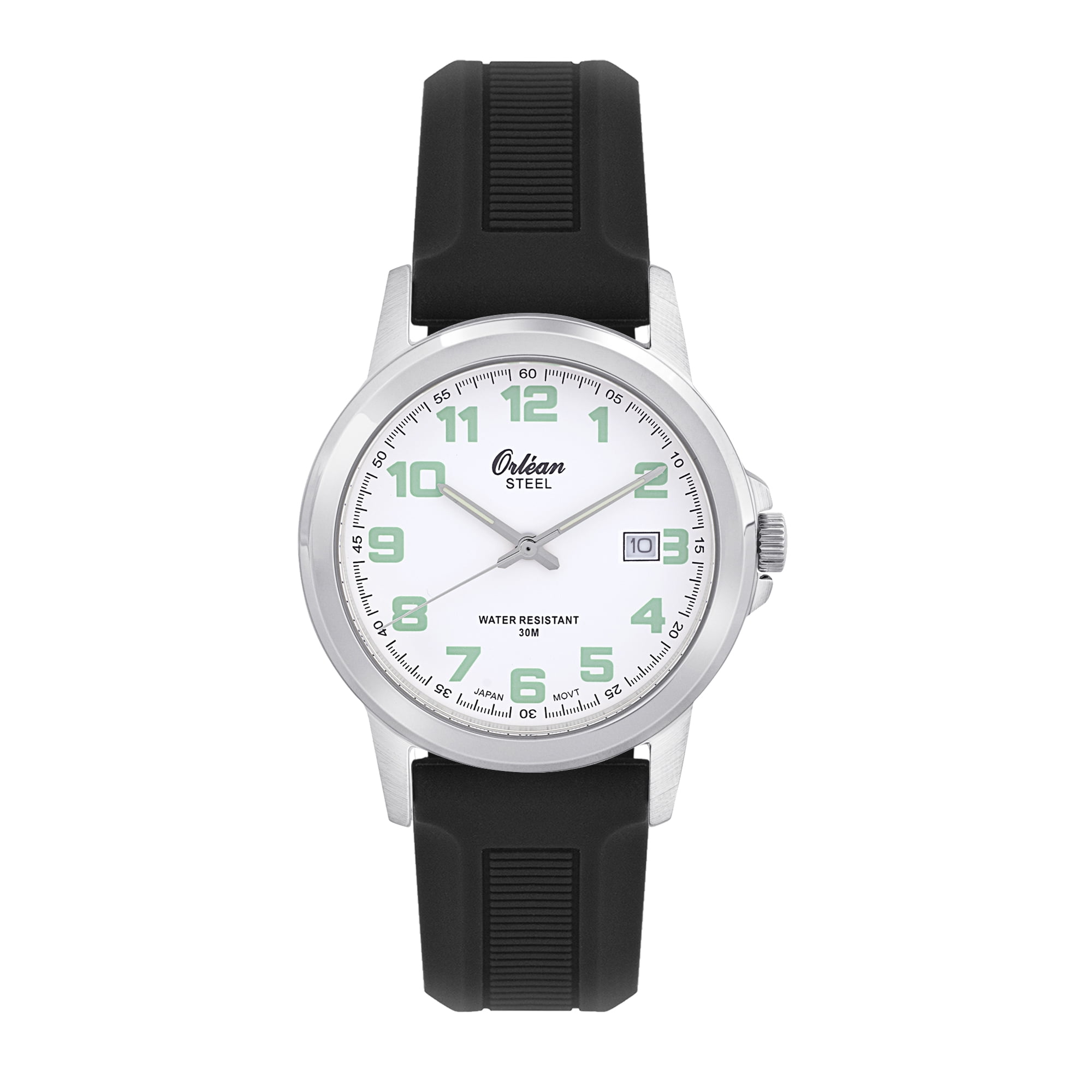 Analog Watch Large Numerals Easy Reading Silicone Strap Water Resistant 100ft Orlean Mens Watch, Big Glow in the Dark Numbers, Date - Easy  main image 3