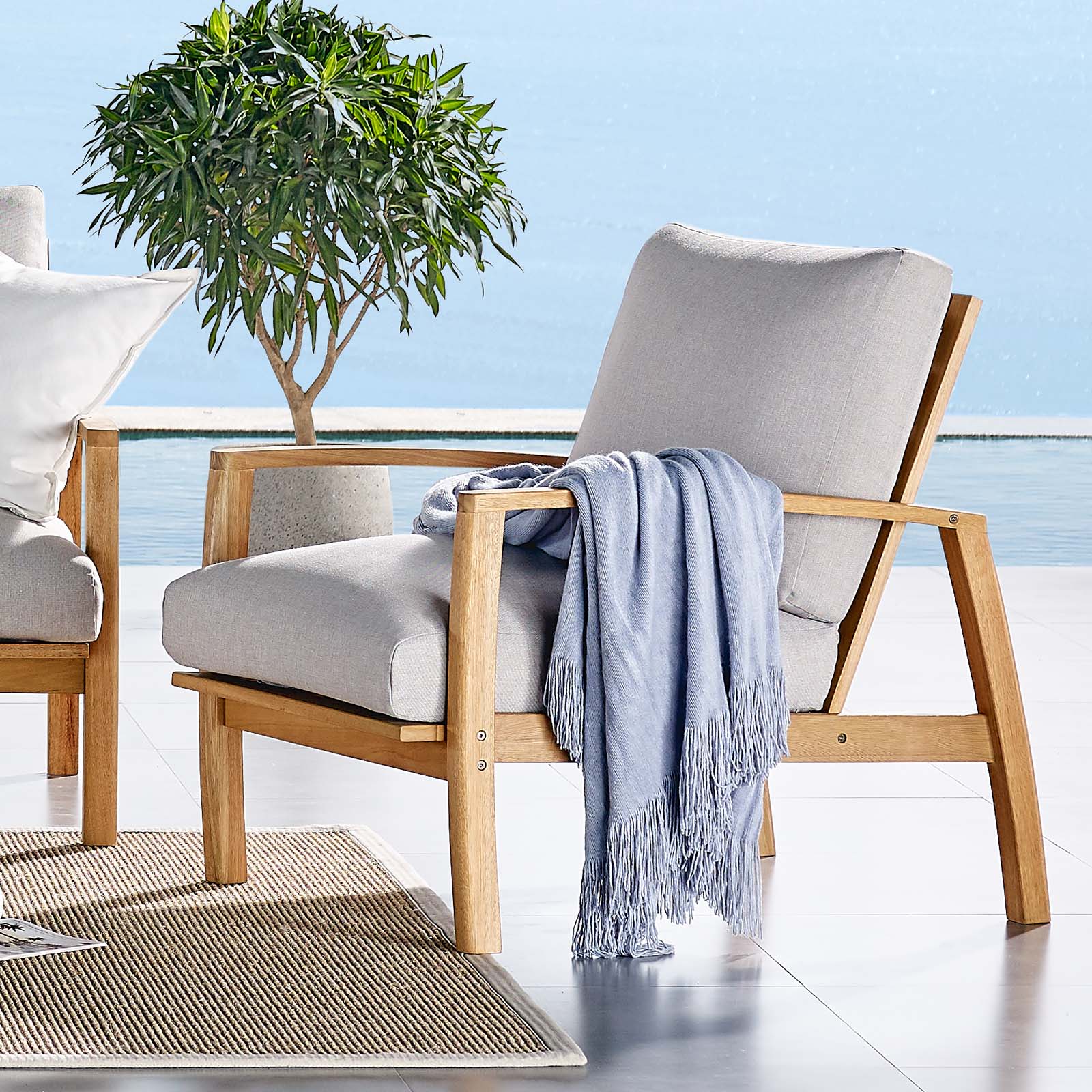 Orlean Outdoor Patio Eucalyptus Wood Lounge Armchair in Natural Light